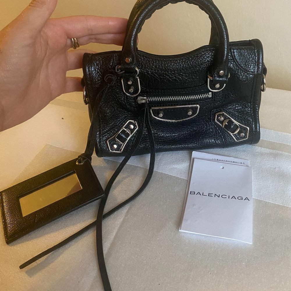 Balenciaga City Nano Bag in Black with Chevre Silver Metallic Edge Hardware